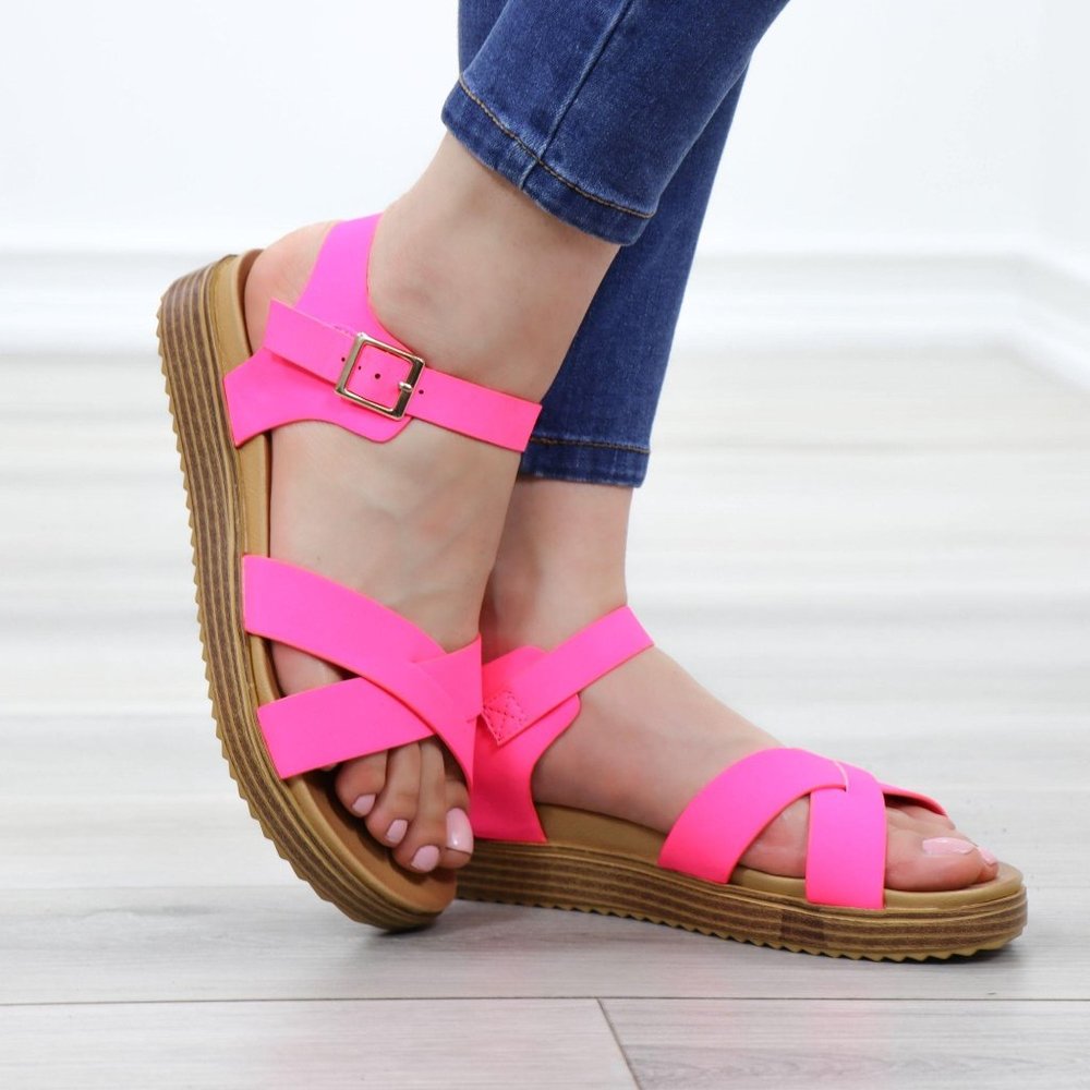 Neon Pink Strappy Comfort Sandals Faux Nubuck - Picture 3 of 14